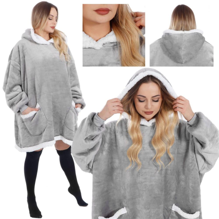 Patura tip hanorac, cu maneci, gluga si buzunare, material plus, marime universala, gri [21]