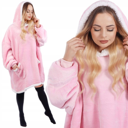 Disponibil livrare locker S - Patura tip hanorac, cu maneci, gluga si buzunare, material plus, marime universala, roz