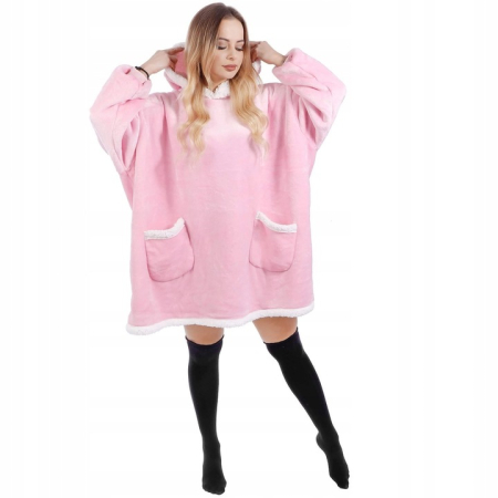 Patura tip hanorac, cu maneci, gluga si buzunare, material plus, marime universala, roz [7]