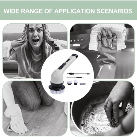 Perie Electrica de Curatare, , pentru Gresie, Baie, Bucatarie, 25x20x9.5 cm, cu 6 Capete, Maner Extensibil Detasabil 84-127cm, Incarcare USB-Type C, Rotire 360 de Grade, 3000 mAh, Culoare: Alb [6]