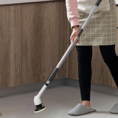 Perie Electrica de Curatare, , pentru Gresie, Baie, Bucatarie, 25x20x9.5 cm, cu 6 Capete, Maner Extensibil Detasabil 84-127cm, Incarcare USB-Type C, Rotire 360 de Grade, 3000 mAh, Culoare: Alb [1]