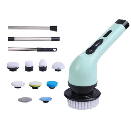 Maturi, Perii, Mopuri si Galeti - Perie Electrica de Curatare, , pentru Gresie, Baie, Bucatarie, 25x20x9.5 cm, cu 9 Capete, Maner Extensibil Detasabil 84-127cm, Incarcare USB-Type C, Rotire 360 de Grade, 3000 mAh, Culoare: Verde