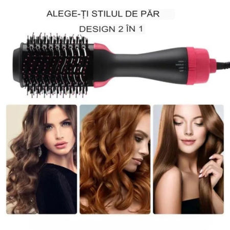 Perie Electrica de Par Fixa, , pentru Volum, Ceramica, 3 Setari de Temperatura, 1000W, pentru Toate Tipurile de Par, Negru-Roz [11]
