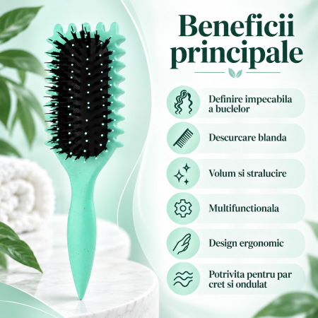 Beneficii perie multifunctionala pentru par cret si ondulat, culoare verde