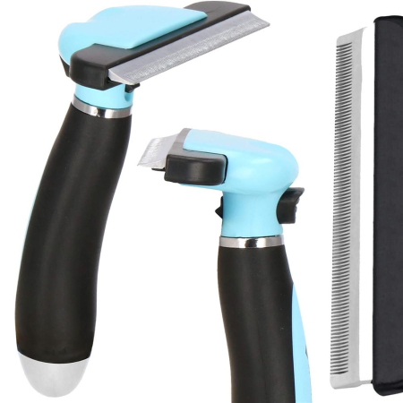 Perie trimmer pentru caini si pisici cu par lung sau scurt, autocuratare, lama 10cm, negru albastru [19]