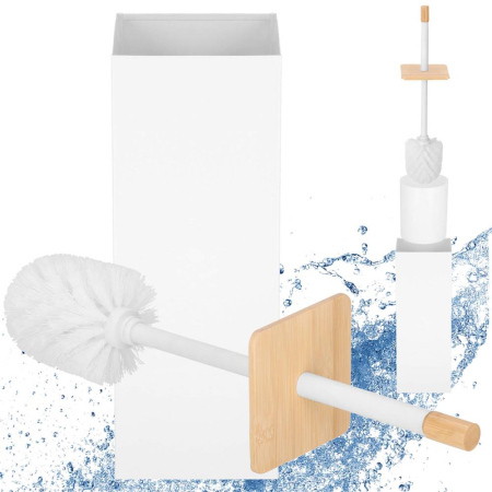 Perie WC cu rezervor detasabil si capac, din metal si bambus, 40 cm, alb [3]