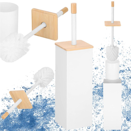 Perie WC cu rezervor detasabil si capac, din metal si bambus, 40 cm, alb [12]