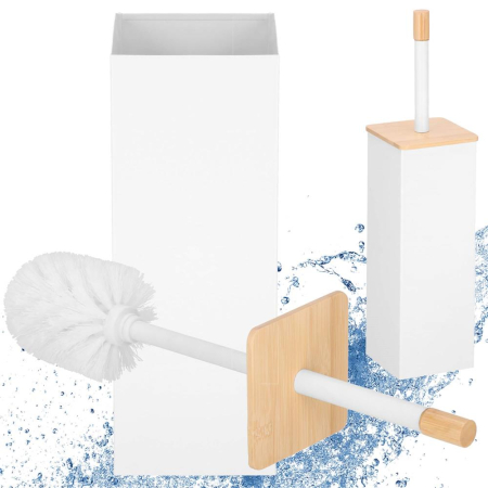 Perie WC cu rezervor detasabil si capac, din metal si bambus, 40 cm, alb [5]