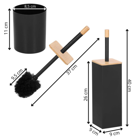 Perie WC cu rezervor detasabil si capac, din metal si bambus, 40 cm, negru [10]
