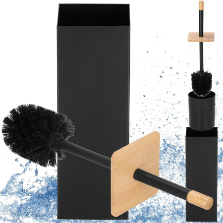 Perie WC cu rezervor detasabil si capac, din metal si bambus, 40 cm, negru [4]