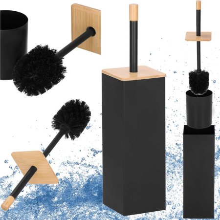 Perie WC cu rezervor detasabil si capac, din metal si bambus, 40 cm, negru [3]
