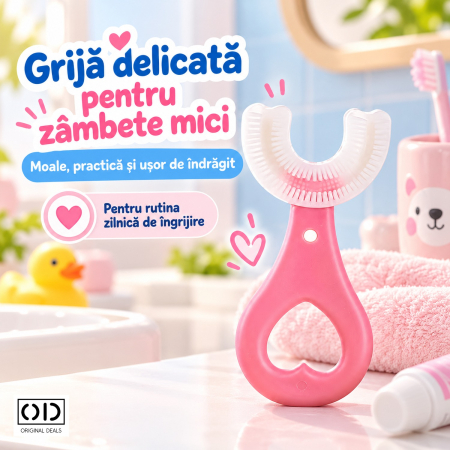 Periuta de Dinti in Forma de U pentru Copii 2-6 Ani, Silicon cu Peri Moi, 9 cm, Roz, Maner Inima, ORIGINAL DEALS [6]