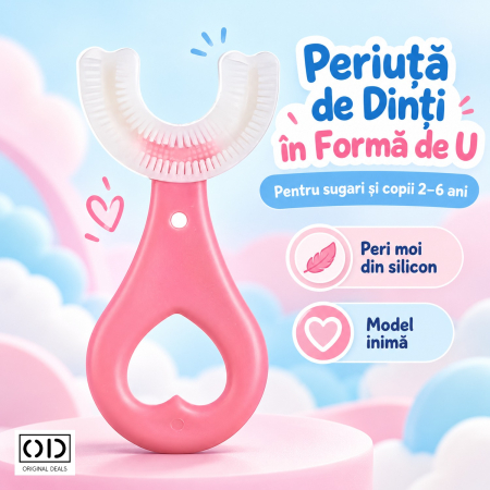 Jucarii, Copii & Bebe - Periuta de Dinti in Forma de U pentru Copii 2-6 Ani, Silicon cu Peri Moi, 9 cm, Roz, Maner Inima, ORIGINAL DEALS