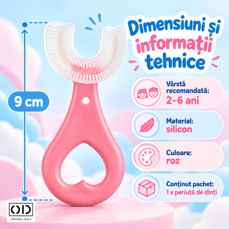 Periuta de Dinti in Forma de U pentru Copii 2-6 Ani, Silicon cu Peri Moi, 9 cm, Roz, Maner Inima, ORIGINAL DEALS [4]