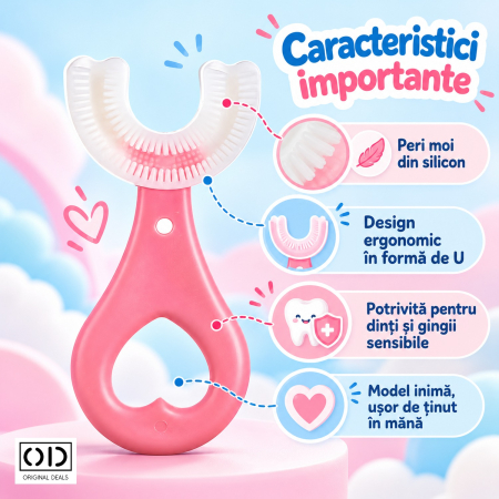 Periuta de Dinti in Forma de U pentru Copii 2-6 Ani, Silicon cu Peri Moi, 9 cm, Roz, Maner Inima, ORIGINAL DEALS [2]