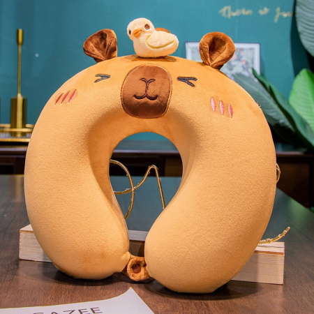 Perna de Calatorie in Forma de U, , Pentru Gat si Cap, Umplutura din Spuma cu Memorie, 30x30 cm, Model Capybara, Accesoriu de Voiaj, Birou, Masina, Sistem Prindere Capse, Maro [5]
