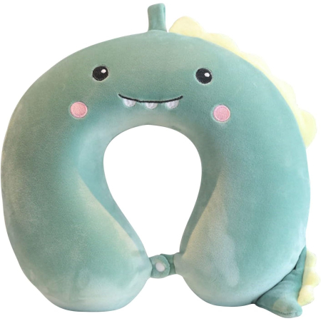 Perne Voiaj, Paturi si Textile - Perna de Calatorie in Forma de U, , Pentru Gat si Cap, Umplutura din Spuma cu Memorie, 30x30 cm, Model Dinozaur, Accesoriu de Voiaj, Birou, Masina, Sistem Prindere Capse, Verde