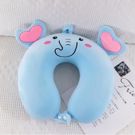 Perna de Calatorie in Forma de U, , Pentru Gat si Cap, Umplutura din Spuma cu Memorie, 30x30 cm, Model Elefant, Accesoriu de Voiaj, Birou, Masina, Sistem Prindere Capse, Albastru [1]