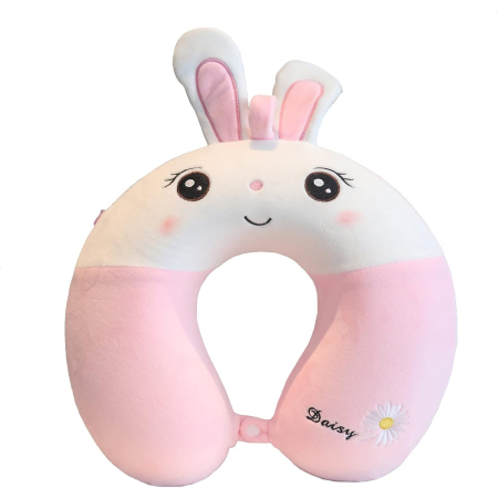 Perne Voiaj, Paturi si Textile - Perna de Calatorie in Forma de U, , Pentru Gat si Cap, Umplutura din Spuma cu Memorie, 30x30 cm, Model Iepuras, Accesoriu de Voiaj, Birou, Masina, Sistem Prindere Capse, Roz-Alb