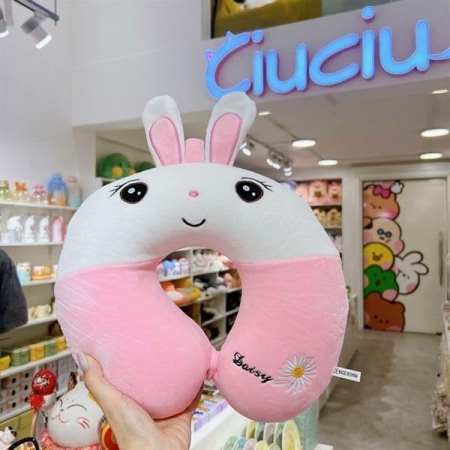 Perna de Calatorie in Forma de U, , Pentru Gat si Cap, Umplutura din Spuma cu Memorie, 30x30 cm, Model Iepuras, Accesoriu de Voiaj, Birou, Masina, Sistem Prindere Capse, Roz-Alb [3]