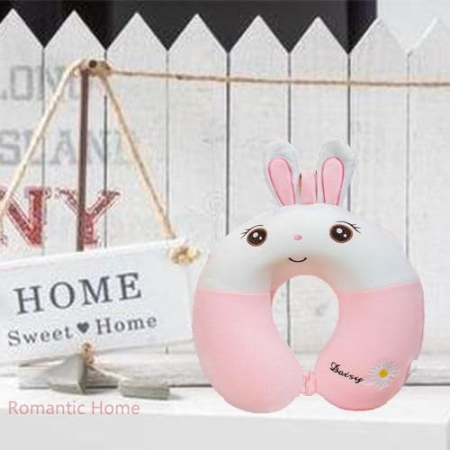 Perna de Calatorie in Forma de U, , Pentru Gat si Cap, Umplutura din Spuma cu Memorie, 30x30 cm, Model Iepuras, Accesoriu de Voiaj, Birou, Masina, Sistem Prindere Capse, Roz-Alb [2]