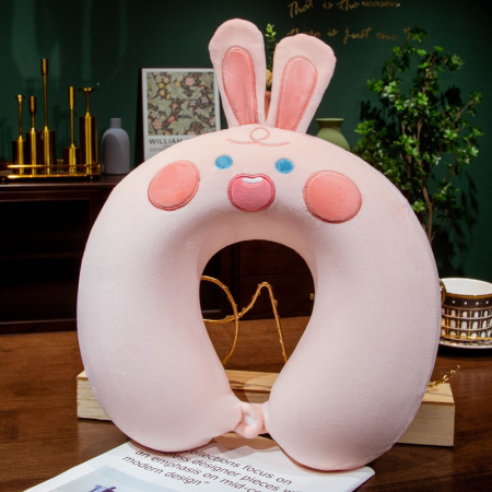 Perna de Calatorie in Forma de U, , Pentru Gat si Cap, Umplutura din Spuma cu Memorie, 30x30 cm, Model Iepuras, Accesoriu de Voiaj, Birou, Masina, Sistem Prindere Capse, Roz [1]