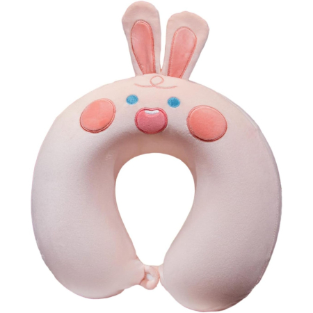 Perne Voiaj, Paturi si Textile - Perna de Calatorie in Forma de U, , Pentru Gat si Cap, Umplutura din Spuma cu Memorie, 30x30 cm, Model Iepuras, Accesoriu de Voiaj, Birou, Masina, Sistem Prindere Capse, Roz