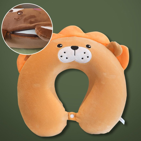Perna de Calatorie in Forma de U, , Pentru Gat si Cap, Umplutura din Spuma cu Memorie, 30x30 cm, Model Leu, Accesoriu de Voiaj, Birou, Masina, Sistem Prindere Capse, Maro [1]