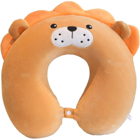 Perne Voiaj, Paturi si Textile - Perna de Calatorie in Forma de U, , Pentru Gat si Cap, Umplutura din Spuma cu Memorie, 30x30 cm, Model Leu, Accesoriu de Voiaj, Birou, Masina, Sistem Prindere Capse, Maro