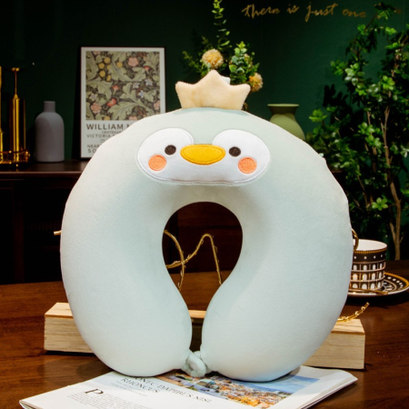 Perna de Calatorie in Forma de U, , Pentru Gat si Cap, Umplutura din Spuma cu Memorie, 30x30 cm, Model Pinguin, Accesoriu de Voiaj, Birou, Masina, Sistem Prindere Capse, Verde [1]