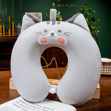 Perna de Calatorie in Forma de U, , Pentru Gat si Cap, Umplutura din Spuma cu Memorie, 30x30 cm, Model Pisica, Accesoriu de Voiaj, Birou, Masina, Sistem Prindere Capse, Gri [1]