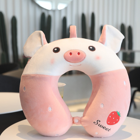 Perna de Calatorie in Forma de U, , Pentru Gat si Cap, Umplutura din Spuma cu Memorie, 30x30 cm, Model Purcelus, Accesoriu de Voiaj, Birou, Masina, Sistem Prindere Capse, Alb-Roz [6]