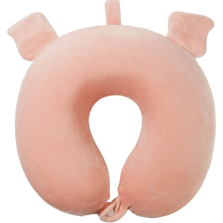 Perna de Calatorie in Forma de U, , Pentru Gat si Cap, Umplutura din Spuma cu Memorie, 30x30 cm, Model Purcelus, Accesoriu de Voiaj, Birou, Masina, Sistem Prindere Capse, Alb-Roz [2]