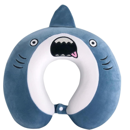 Perne Voiaj, Paturi si Textile - Perna de Calatorie in Forma de U, , Pentru Gat si Cap, Umplutura din Spuma cu Memorie, 30x30 cm, Model Rechin, Accesoriu de Voiaj, Birou, Masina, Sistem Prindere Capse, Albastru