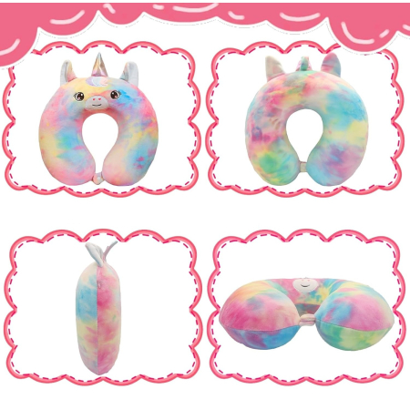 Perna de Calatorie in Forma de U, , Pentru Gat si Cap, Umplutura din Spuma cu Memorie, 30x30 cm, Model Unicorn, Accesoriu de Voiaj, Birou, Masina, Sistem Prindere Capse, Multicolor [2]