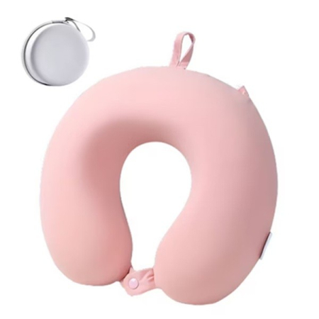 Perne Voiaj, Paturi si Textile - Perna de Calatorie in Forma de U, , Pentru Gat si Cap, Umplutura din Spuma cu Memorie, 30x30 cm, Sistem Prindere Capse, Cutie de Depozitare, Roz