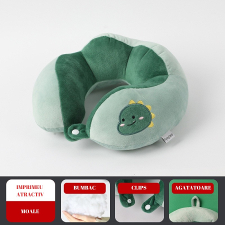 Perna de Calatorie, , Pentru Gat si Cap, Umplutura din Bumbac, 28x28x10 cm, cu Model Brodat Dinozaur, Verde [5]