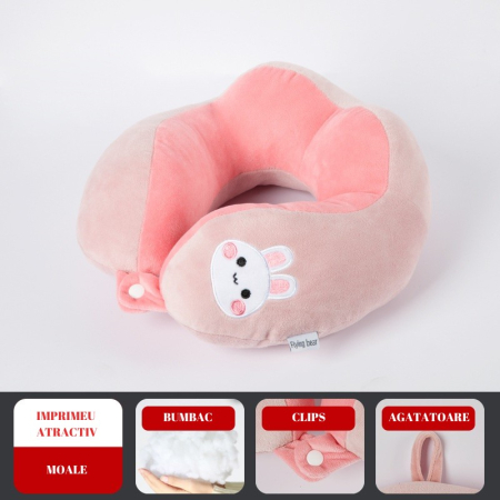 Perna de Calatorie, , Pentru Gat si Cap, Umplutura din Bumbac, 28x28x10 cm, cu Model Brodat Iepure, Roz [3]