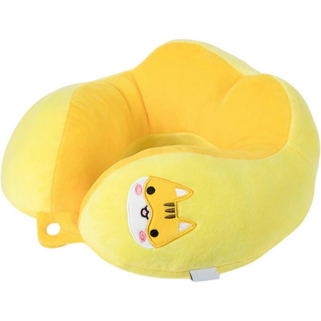 Perna de Calatorie, , Pentru Gat si Cap, Umplutura din Bumbac, 28x28x10 cm, cu Model Brodat Pisica, Galben [2]