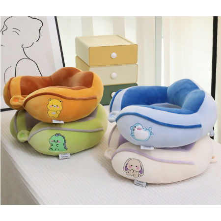 Perna de Calatorie, , Pentru Gat si Cap, Umplutura din Bumbac, 28x28x10 cm, cu Model Brodat Urs, Portocaliu [1]