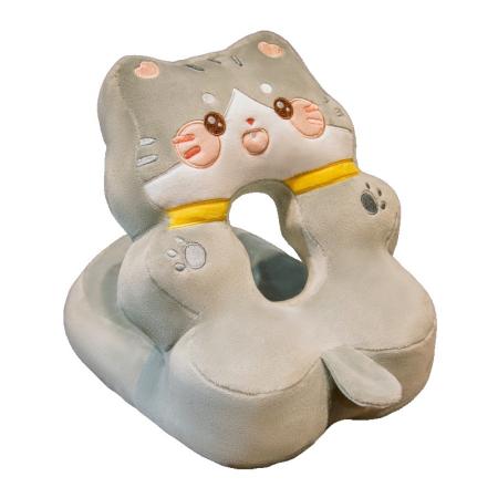 Perne Voiaj, Paturi si Textile - Perna din Spuma, , pentru Birou, Calatorii, Model Pisica, Lavabila, Umplutura de Bumbac, Spatiu Cap in Forma de 8, 30x35x30 cm, Gri