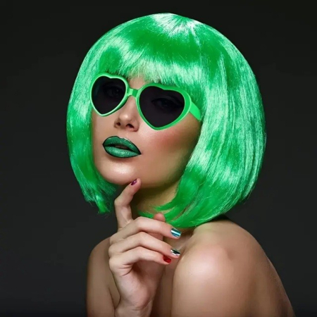 Peruca Cosplay, , Tunsoare Bob cu Breton, pentru Carnaval, Halloween, Petreceri Tematice, din PET, Marime Universala, Verde [1]
