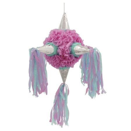 Pinata - Pinata Rotunda pentru Petrecere, , Detalii Argintii, din Hartie si Carton, Pinata pentru Copii, 76 x 50 x 50 cm, Roz