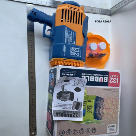 Pistol pentru Baloane de Sapun, , 132 de Gauri, Lumini Colorate, Tavita, Lichid, Baterie de Li, Cablu de Incarcare, 25cm x 13cm x 26cm, Albastru [5]