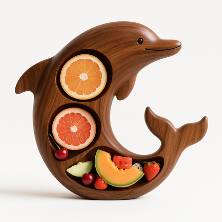 Accesorii Bucătărie - Platou pentru Servire, , in Forma de Delfin, 3 Compartimente pentru Mezeluri, Branzeturi, Snacksuri, Fructe, Design Artistic, din Lemn Masiv, 26 x 25 x 4 cm, Maro Natur