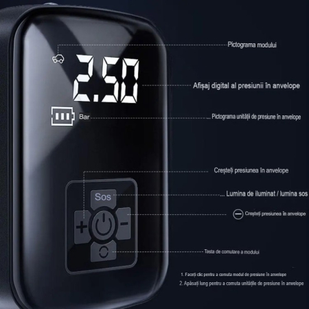 Pompa de Aer Wireless, , Portabila, 150 PSI, Pentru Anvelope si Mingi, Baterie 2000 mAh, Afisaj Digital, 12.7 x 8.5 cm, Negru [1]