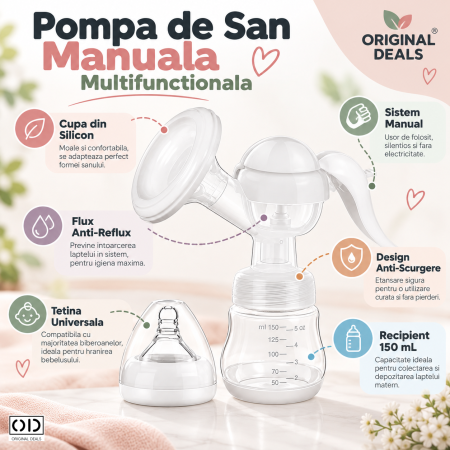 Jucarii, Copii & Bebe - Pompa de San Manuala ORIGINAL DEALS, cu Cupa din Silicon si Recipient Transparent de 150 ml, Alba, 17 x 18 cm