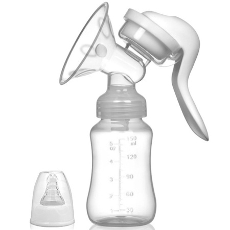 Articole Diverse copii - Pompa de San Manuala Multifunctionala, , Portabila, cu Tetina pentru Biberon, Anti-Scurgere, Anti-Reflux, 18.5x6 cm, 150 mL, Silicon, Recipient Transparent, Alb