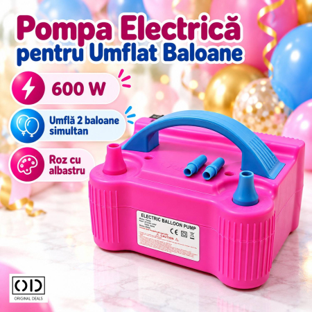 ✨TOATE PRODUSELE✨ - Pompa Electrica Pentru Umflat Baloane, 600 W, Roz cu albastru,