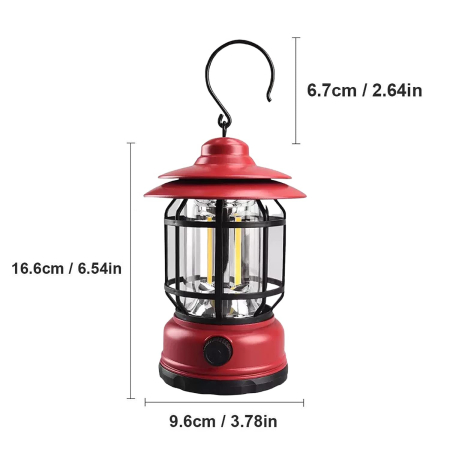 Portable camping light, vintage lantern with hook, ABS, 21 COB LED lighting, adjustable intensity, 5W, reversible, red rechargeable [2]